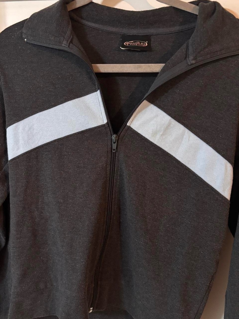 Vintage FreePlay Charcoal Zip-Up Jacket with Light Gray Chevron